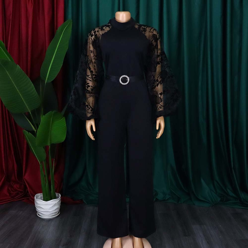 Women's Clothing Free Belt Stand Collar Mesh Lantern Sleeves Slim Large Size Women's African Wide Leg Jumpsuits_voghion.com