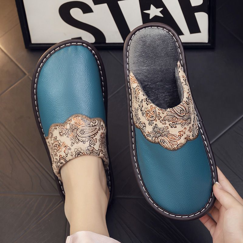 MTX Echtleder mit Rindssehnensohle für den Heimgebrauch, Damen-Hausschuhe für drinnen, warm, rutschfest, wasserdicht, aus besticktem Rindsleder und Baumwolle_voghion.com