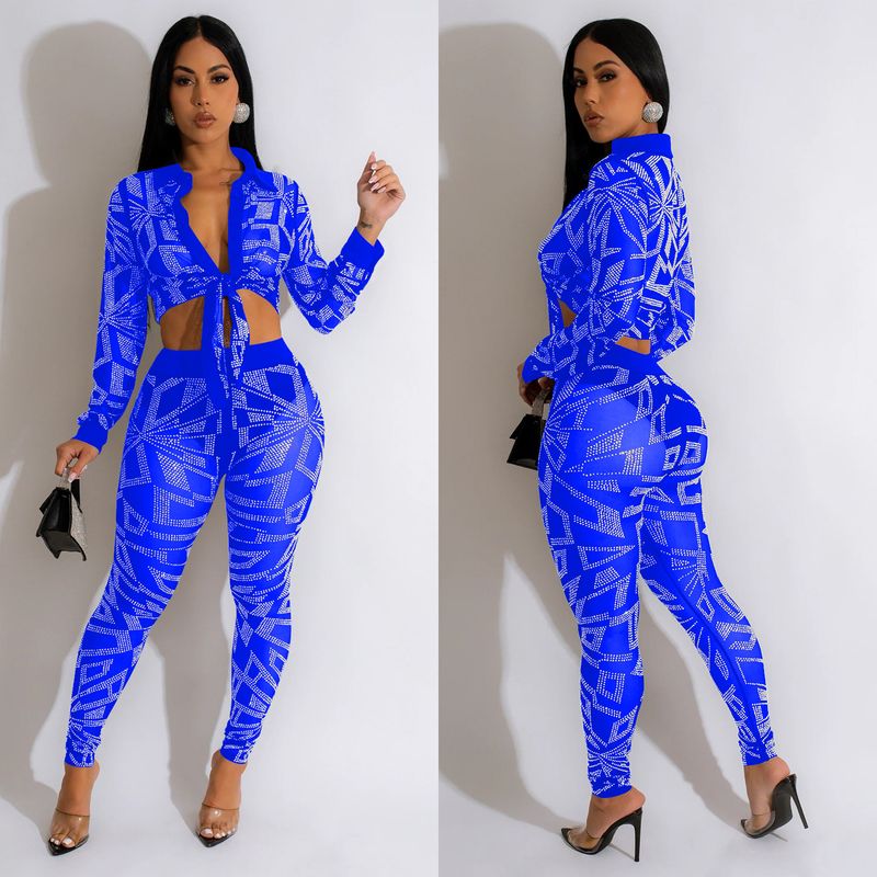 Damenbekleidung, modisches Damen-Zweiteiler-Set aus einfarbigem Mesh mit heißen Diamanten und langen Ärmeln_voghion.com