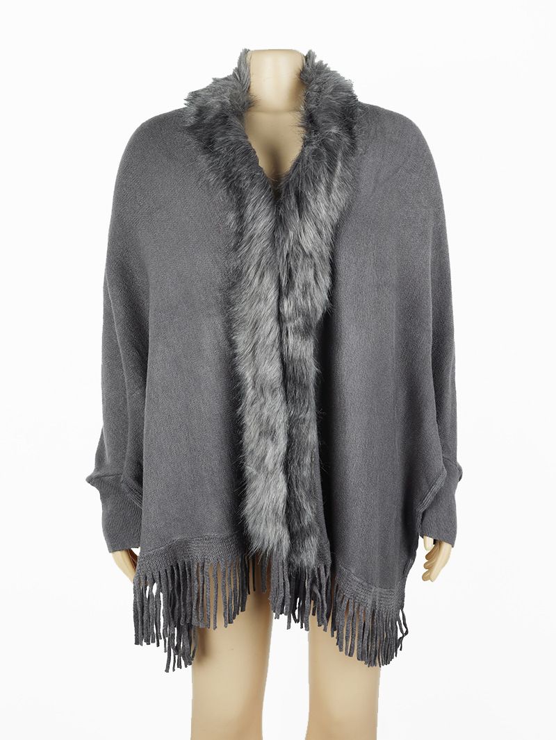 Maglione cardigan tinta unita in stile europeo e americano, autunno e inverno, con nappa e collo in pelliccia_voghion.com