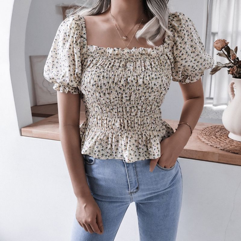 Sommer-Chiffonbluse mit quadratischem Ausschnitt und Laternenärmeln, Rüschen und Blumenmuster, Damenbekleidung_voghion.com