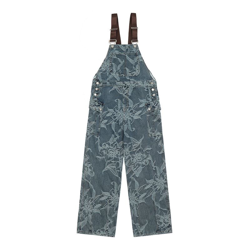 Salopette in denim con motivo jacquard a fiori da uomo, modello alla moda, pantaloni a gamba dritta larghi e casual, canotta monopezzo_voghion.com