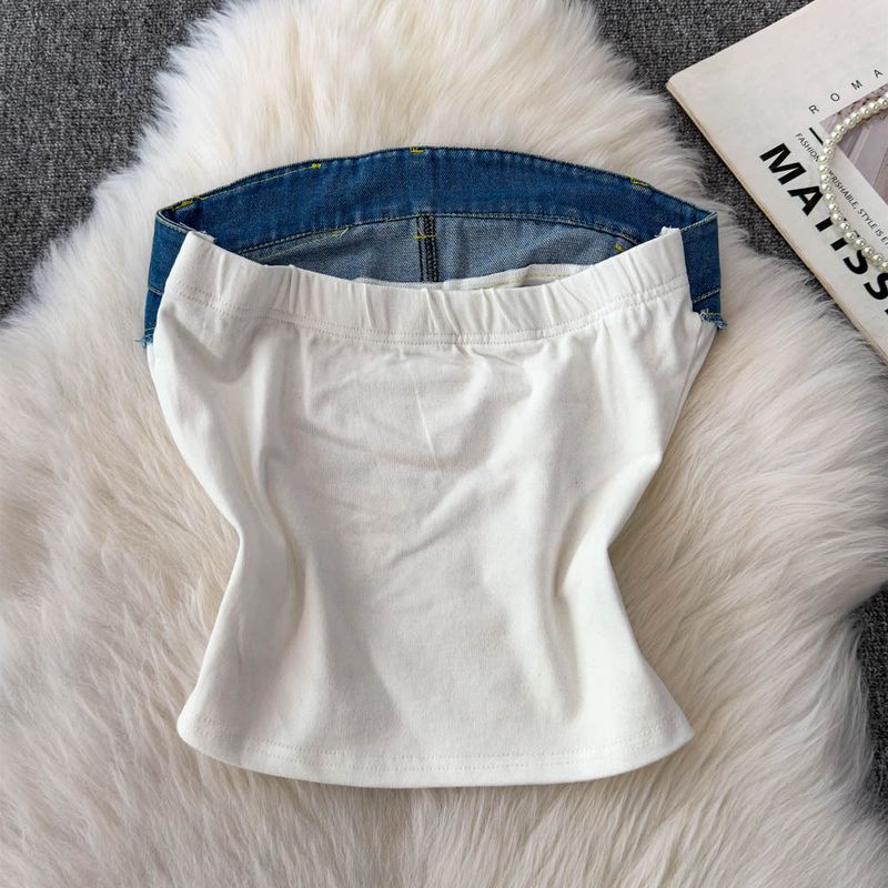 Women's Clothing Retro Hottie Letter Embroidered Tube Top Summer Fashion Denim Stitching Slim Fit Camisole Vest_voghion.com