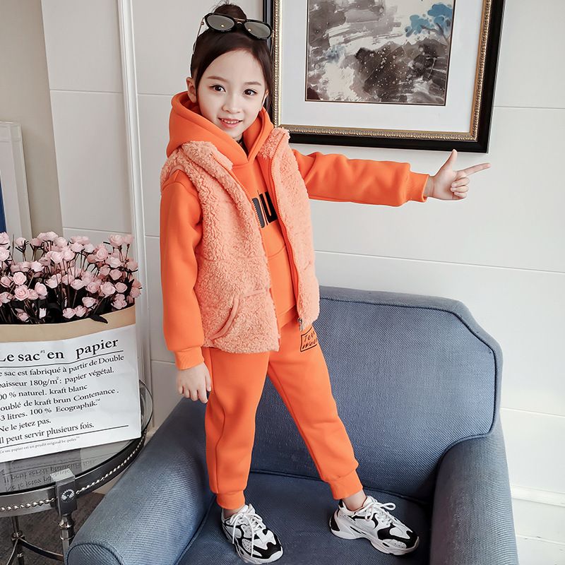 Felpa con cappuccio in pelliccia per bambina, versione coreana, in tre pezzi, per stagista autunnale e invernale, 2023_voghion.com