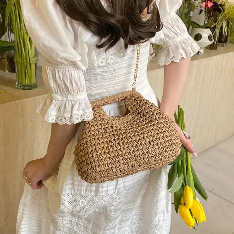 Borsa a tracolla retrò intrecciata per donna 2025 in paglia, con catena, borsa a tracolla, da donna, per le vacanze, la spiaggia, ecologica_voghion.com