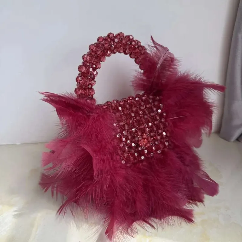 Handmade Small Green Bead With Feather Vacation Beading Handbag Deigner Beaded Ladie Party Bag Top-Handle Phone_voghion.com