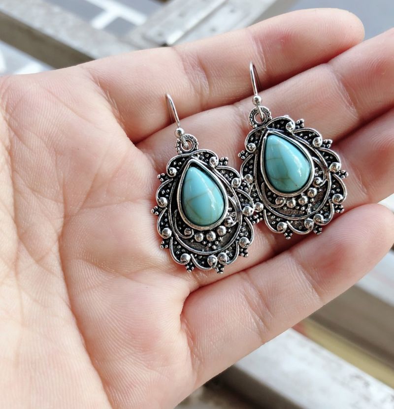New Inlaid Turquoise Water Drop Pear-shaped Thai Silver Earrings_voghion.com
