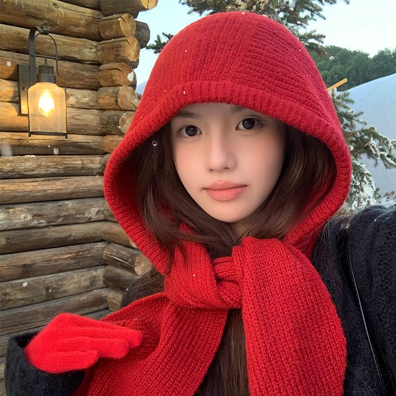 Cagoule rouge pour femme, écharpe tricotée chaude d'automne, bonnet cache-cou à capuche une pièce, bonnet tricoté d'hiver._voghion.com