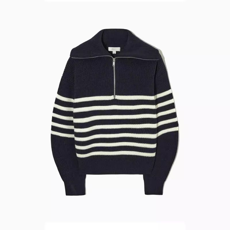 Lapel Striped Sweater Women's Pullover Zipper Knitted Sweater Women's_voghion.com