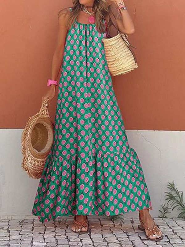 Vêtements pour femmes Été Nouveau style bohème vacances bord d'oreille en bois fille imprimé écharpe col en V robe ample_voghion.com