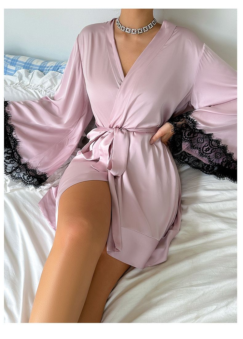 Europäische und amerikanische Cross Border Sexy Nachthemd Medium Bademantel Sexy Pyjamas Damen Langarm Damen Satin Home Kleidung Großhandel 735_voghion.com