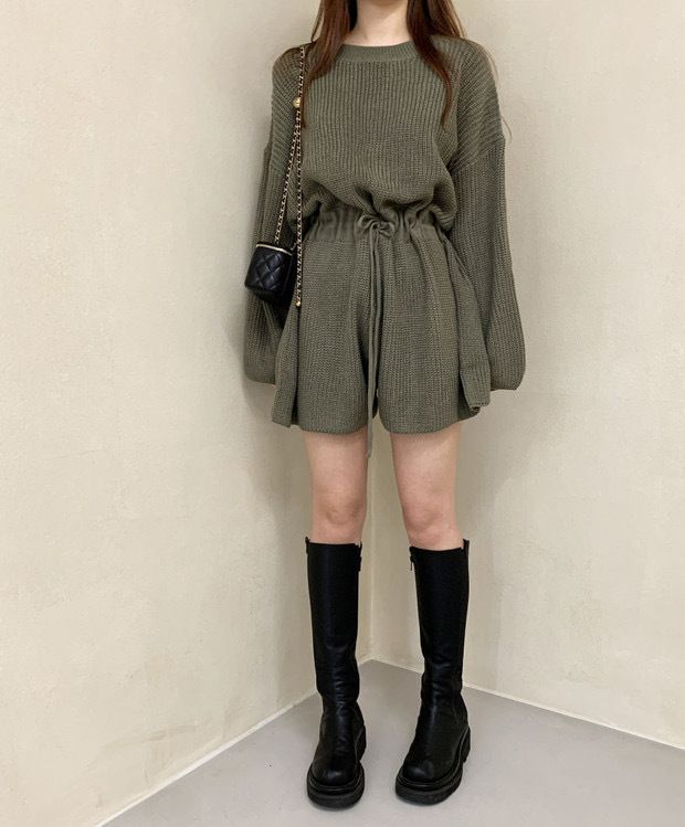 2024 Korean Chic Autumn Round Neck Drawstring Strap Waist Long Sleeve Knitted Wide Leg jumpsuit Shorts for Women_voghion.com