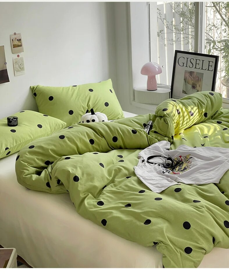 Nuova biancheria da letto estiva per la cura della pelle, strisce di punti ondulati lucidi, lenzuolo in quattro pezzi, copripiumino per studenti_voghion.com