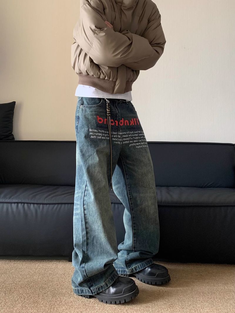 Herrenbekleidung Retro Washed Old Niche Printed Jeans Herren Frühling Neue Loose Design Straight Pants_voghion.com