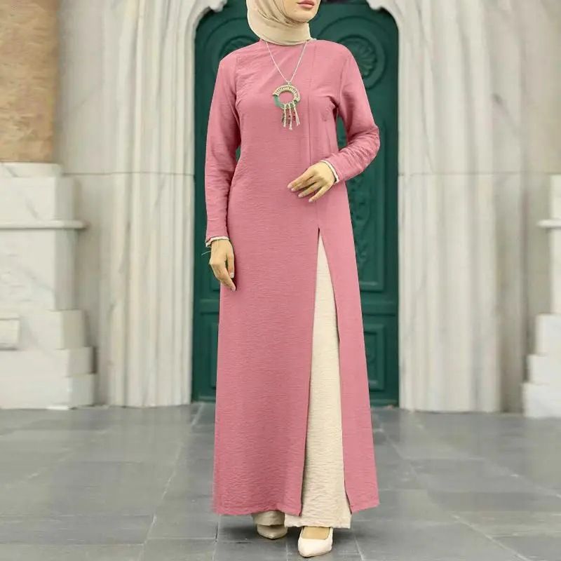 Muslim Women's Suit Ice Silk Wrinkled Long Sleeves High Slit Hem Fashionable Solid Color Elegant Temperament Robe_voghion.com