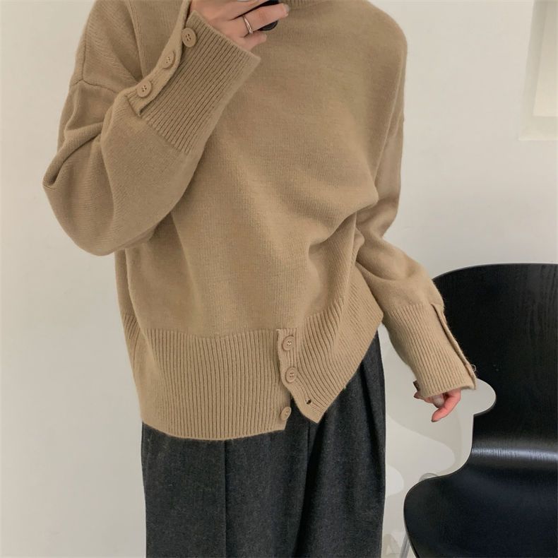Maglione lavorato a maglia ampio con collo alto da donna - Pullover invernale morbido ed elegante in tinta unita_voghion.com