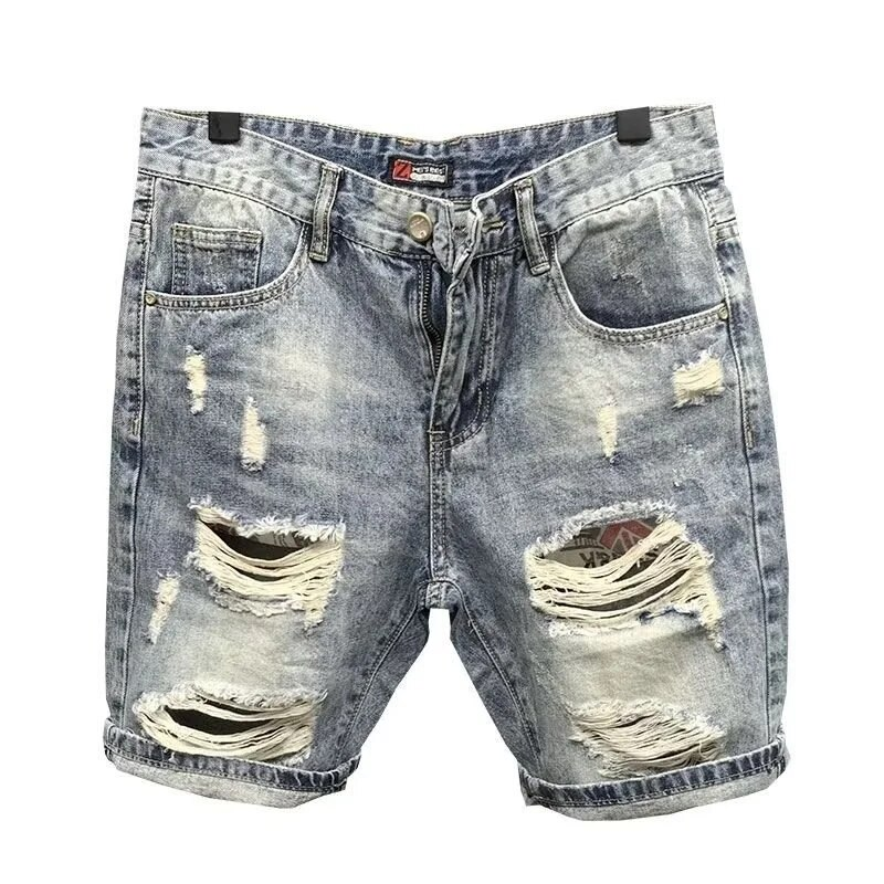 Men Straight Loose Korean Fashion Denim Short Pants Holes Summer Five Piece Jeans Shorts_voghion.com