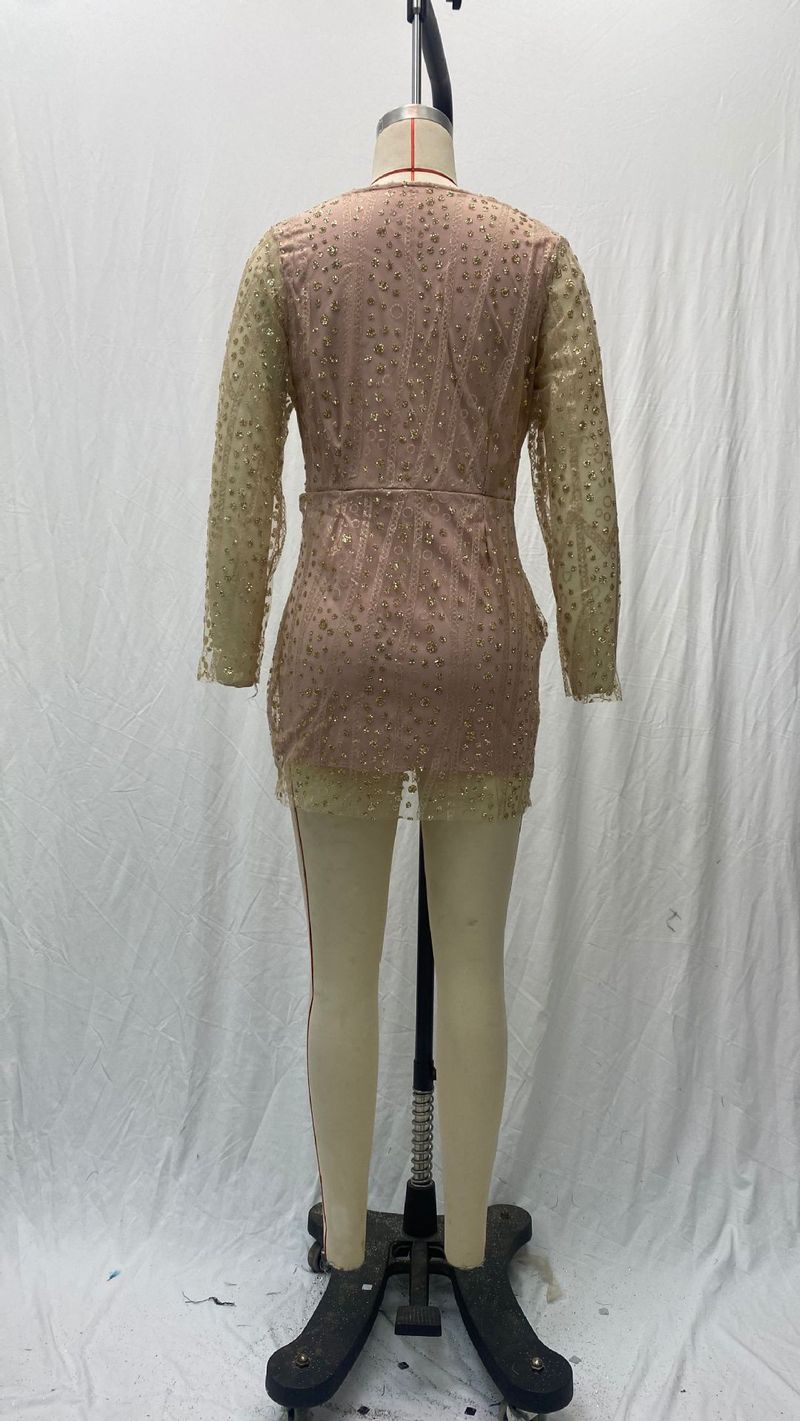 Abito corto con paillettes e maniche lunghe a V profondo da donna 2025_voghion.com