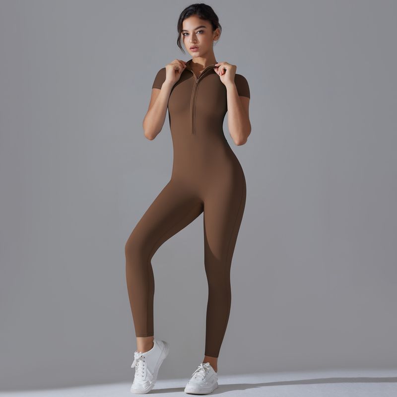 Neue einfarbige Reißverschluss-Enge, hochelastische Kurzarm-Sport-Fitness-Lauf-Neun-Punkt-Overall-lange Hosen-Yoga-Kleidung_voghion.com