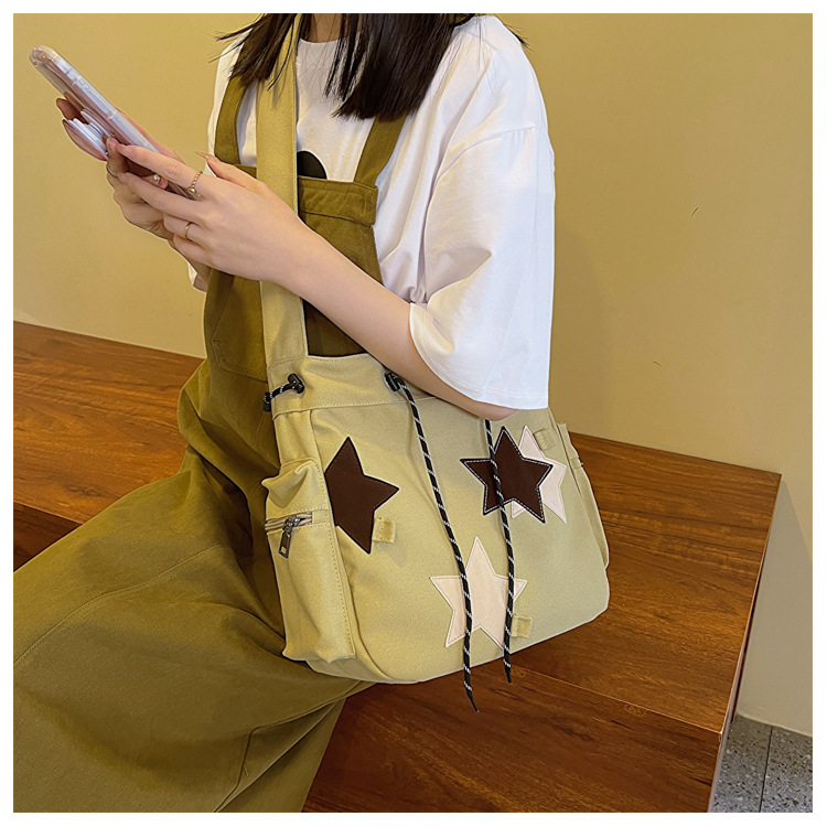 New Shoulder Bag Women's Bag Simple And Fashionable Large Capacity Portable Crossbody Trendy And Versatile Star Canvas Bag_voghion.com