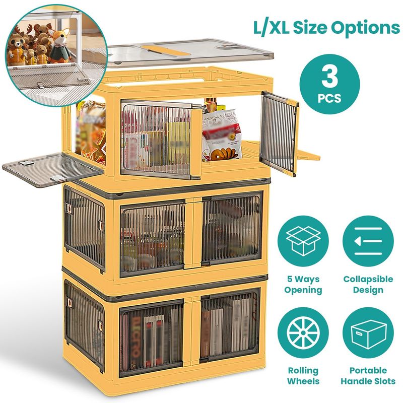3Pcs Foldable Storage Bins with Lid 4 Doors Collapsible Stackable Closet Organizer Containers with Lock 4Pcs Wheels_voghion.com