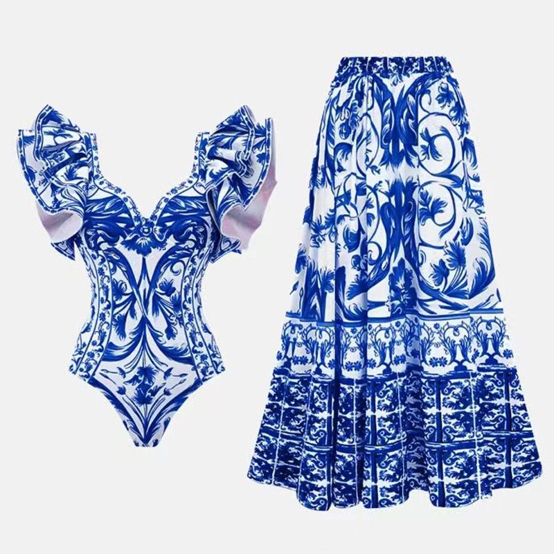 Damenbekleidung Sexy Einteiler Badeanzug Weiblich Bedruckt Zweiteiliger Chiffonrock Badeanzug Anzug_voghion.com