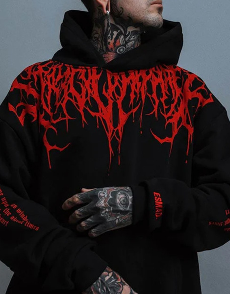 Sudadera con capucha extragrande para hombre con estampado gótico de sangre: estilo urbano de corte europeo, top informal de invierno._voghion.com