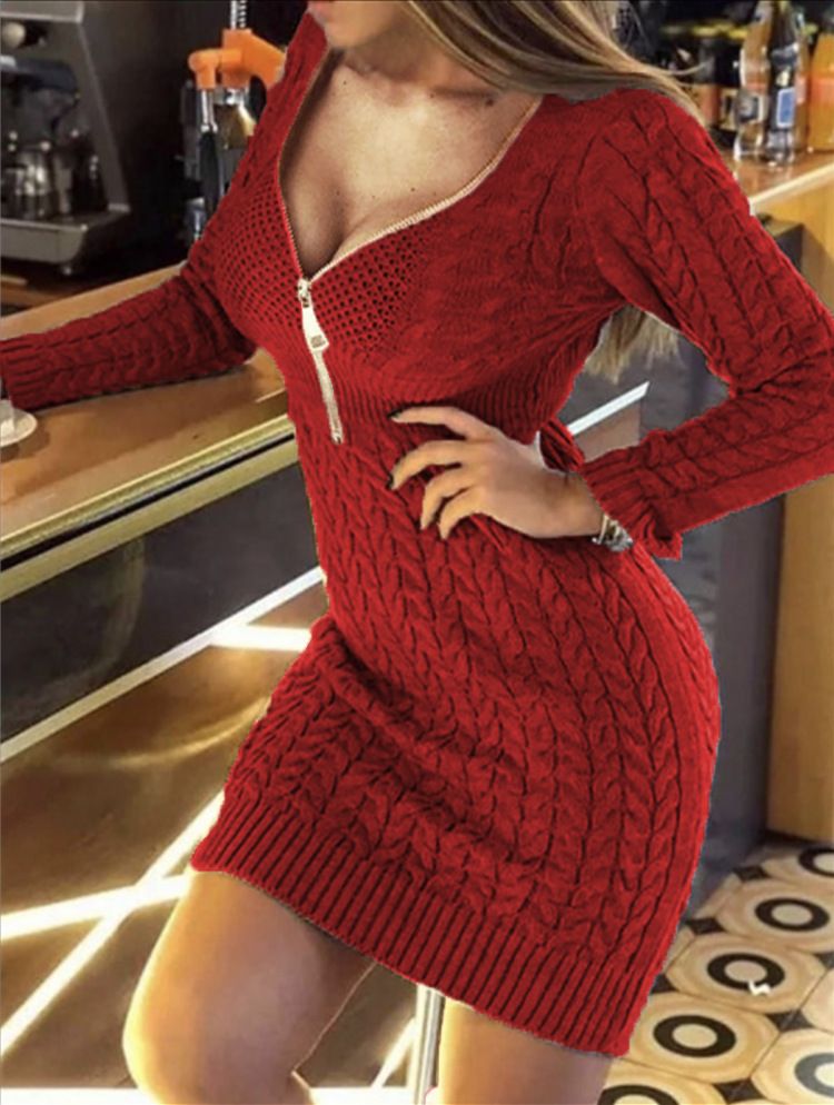 Langer, dünn gestrickter europäischer und amerikanischer Pullovermantel mit V-Ausschnitt für Damen_voghion.com