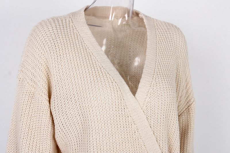 Maglione lavorato a maglia con nodo e scollo a V casual autunno inverno Abbigliamento da donna_voghion.com