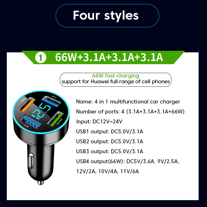 4-Port 66W USB Autoladegerät mat digitalem Display Schnellladegerät fir iPhone, Xiaomi, Samsung Telefonen_voghion.com