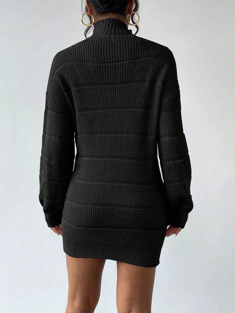 Slim-Fit Ribbed Knit Dress – Versatile Mock Neck Long Sleeve Bodycon Dress For Women (Black/White/Wine, S-XL)_voghion.com