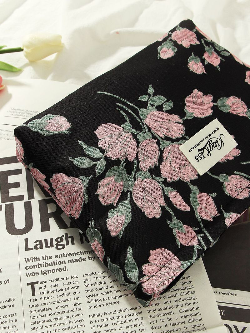 Dark Red Flower Cosmetic Bag Niche Portable High Value Wash Bag Storage Bag Zipper Bag Large Capacity_voghion.com