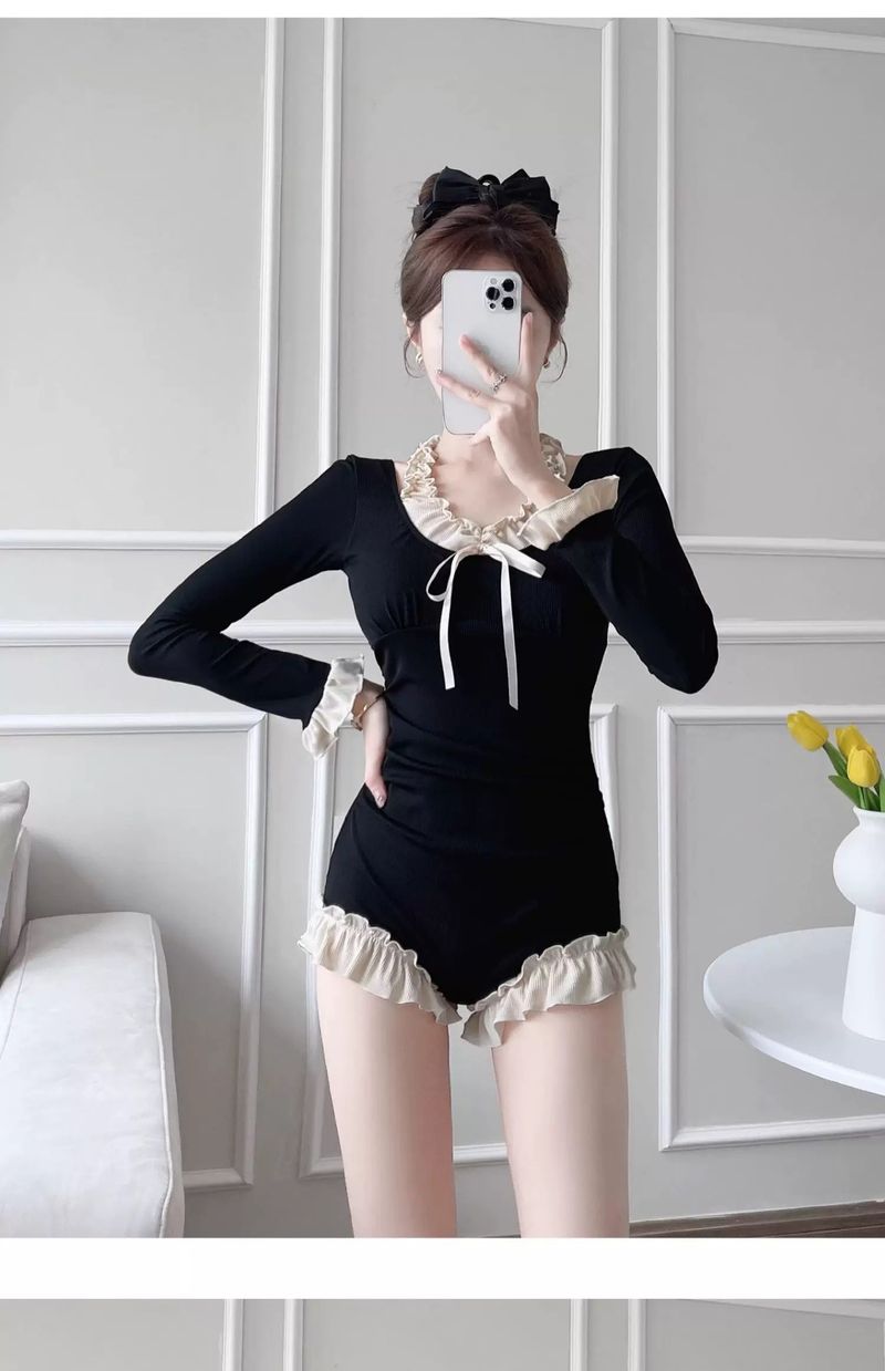 Maillot de bain une pièce à manches longues pour femme, style français, amincissant et conservateur, dissimulant le ventre, source chaude_voghion.com