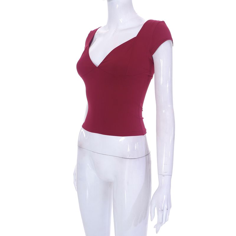 Abbigliamento donna nuovi top casual a maniche corte scollati in tinta unita_voghion.com