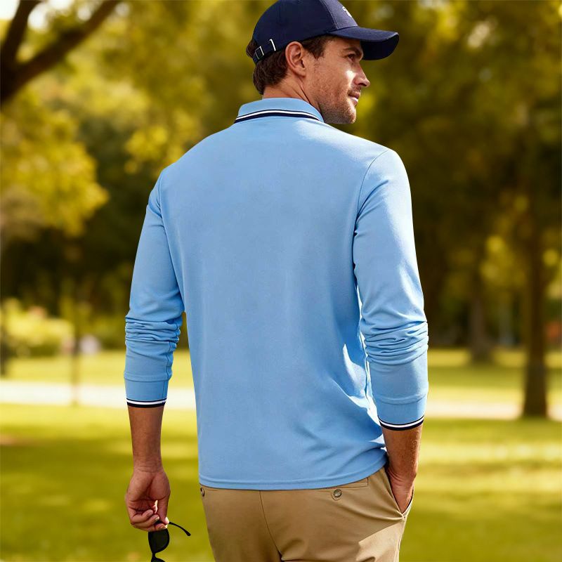 Men's Breathable Jacquard Polo Shirt - Loose Fit Long Sleeve Casual Top For Golf & Everyday Wear_voghion.com