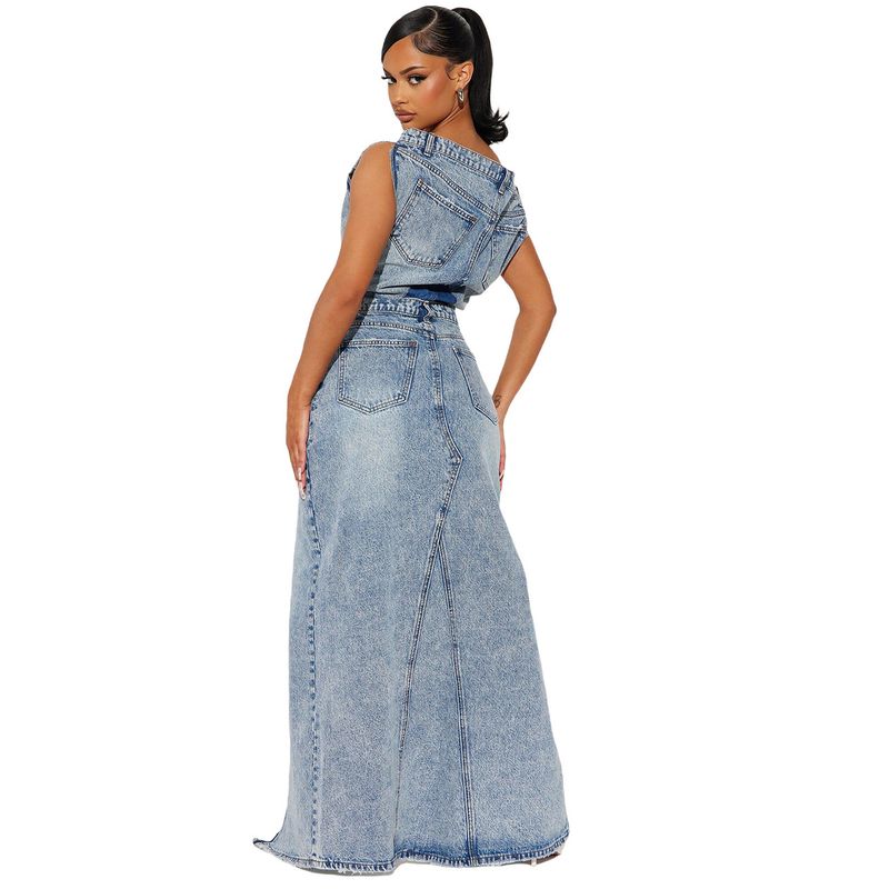 Vêtements pour femmes Denim décontracté couleur unie ensemble automne/hiver vintage fendu jupe en jean ensemble deux pièces_voghion.com