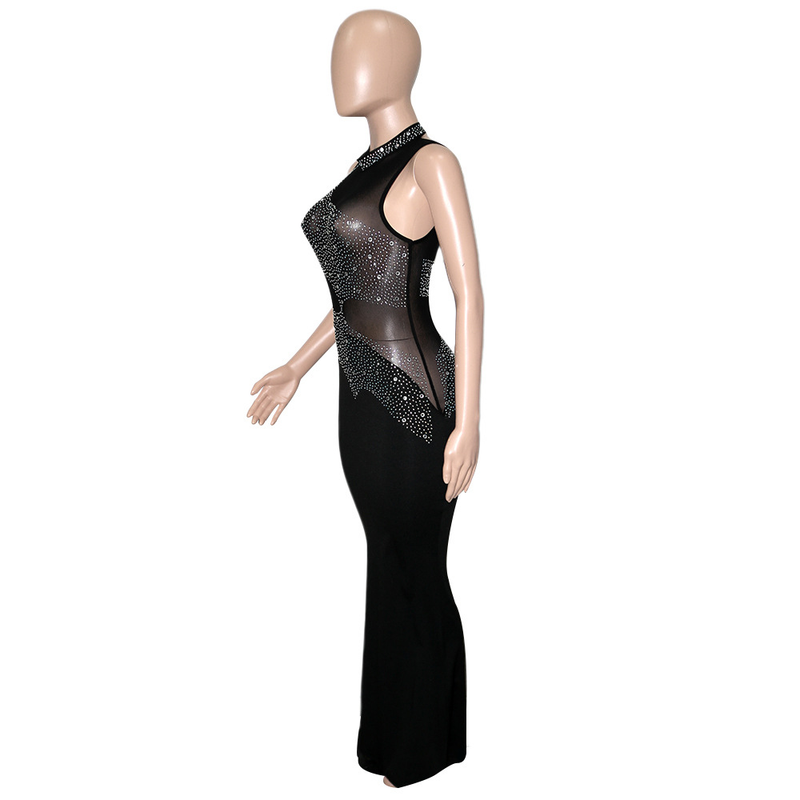 Damenbekleidung sexy durchsichtiges ärmelloses Kleid mit Strasssteinen Damen-Nachtclub-Abendkleid_voghion.com
