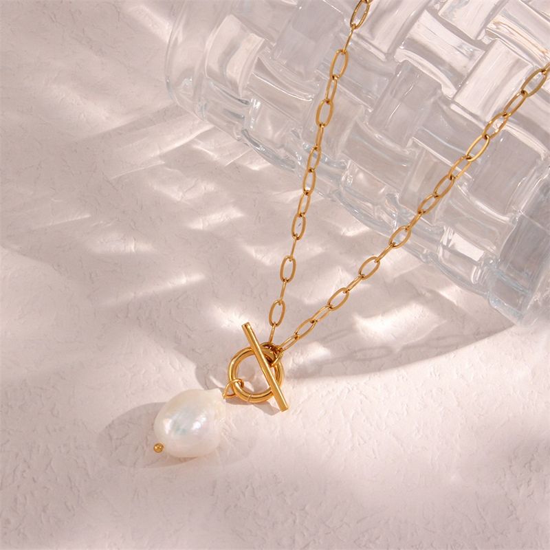 eManco Freshwater Pearl Toggle For Women Paperclip Necklace Stainless Steel Box Square Chain Long Choker_voghion.com
