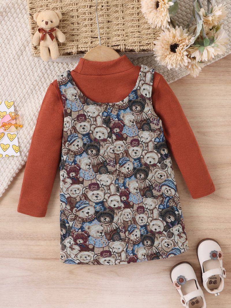 Bezauberndes Trägerkleid-Set mit Bärenstickerei für Mädchen – Langarm-Outfit aus weichem Polyester (4–7 Jahre, schokoladenbraun, Cartoon-Druck, zweiteilig)_voghion.com