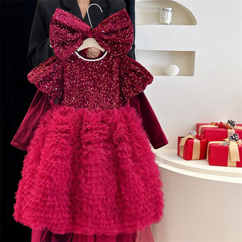 Abbigliamento per bambini Capodanno Natale Autunno e inverno Ragazze Gonna rossa con paillettes Abito di alta qualità Fiocco Fiore Ragazza Temperamento Tutu Gonna a ruota_voghion.com
