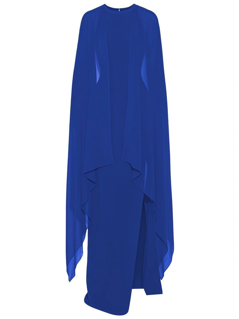Elegant Plus Size Long Evening Dress With Slit & Batwing Sleeves - Stretchy Polyester Formal Gown For Women (Red, Blue, Black, 1XL-4XL)_voghion.com