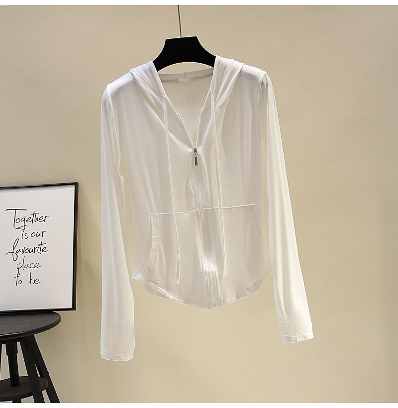 Giacca sottile con cappuccio bianco e orlo curvo, protezione solare_voghion.com