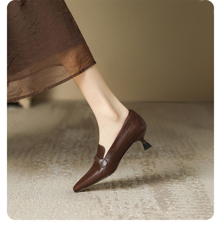 Punta quadrata, tacco sottile, bocca bassa, morbida pelle di pecora, da donna, stile unico 2025, nuovo, temperamento minimalista francese, di alta gamma_voghion.com