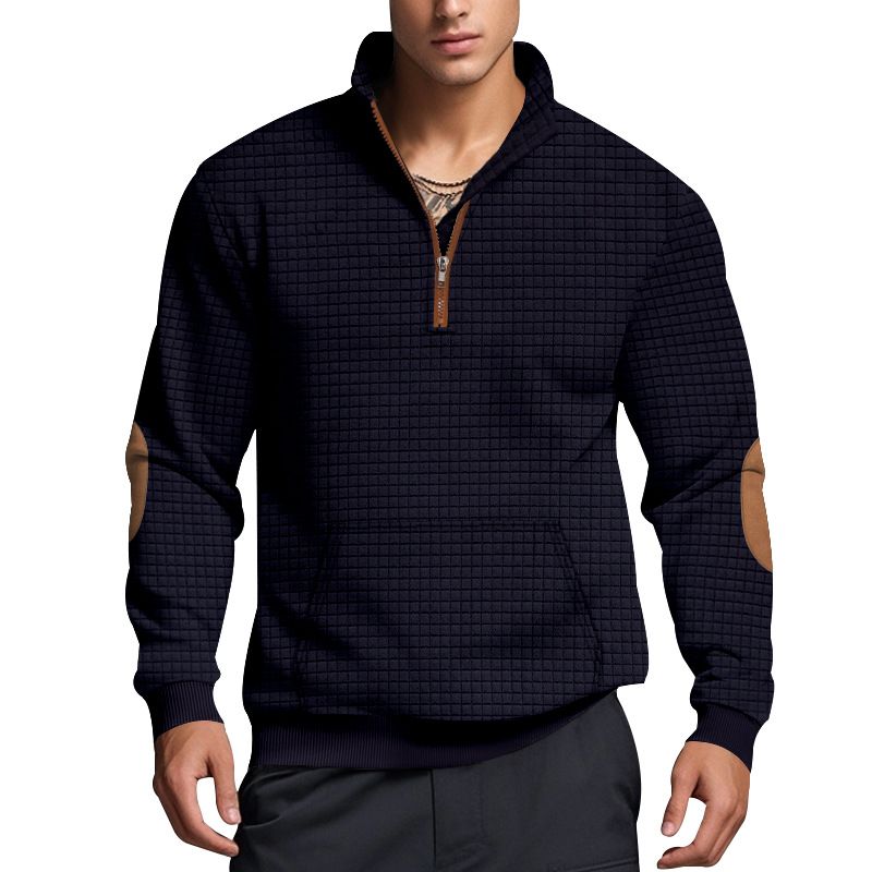 American Style Autumn Winter Men's Casual Sweatshirt Jacquard Small Square Embroidery Patchwork Stand Collar Loose Top_voghion.com