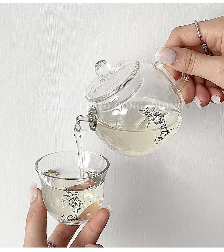 Théière en verre et bambou de style chinois, idéale pour la maison, théière saine et résistante à la chaleur avec filtre._voghion.com