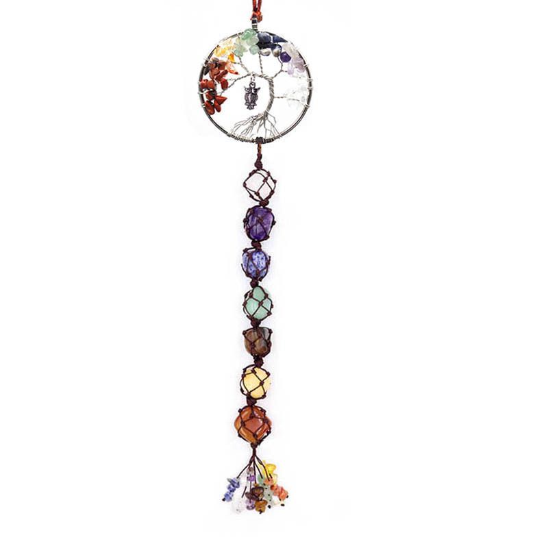 Handwoven 7-Color Crystal Gemstone Tree Of Life Car Hanging Ornament, Dreamcatcher Pendant, Boho Home Decor, Natural Stone Beaded Charm_voghion.com