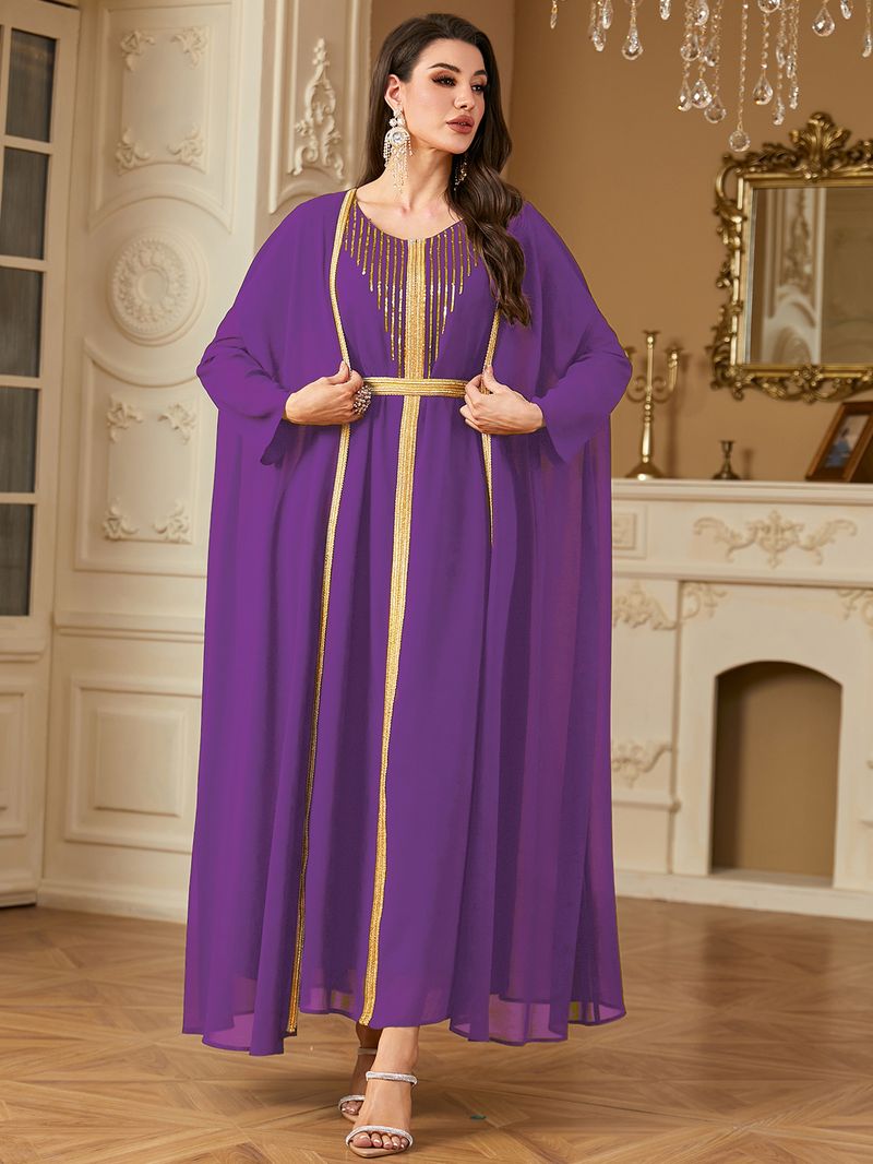 Vêtements pour femmes transfrontaliers du Moyen-Orient Robe arabe Mode paillettes broderie mousseline de soie deux pièces robe Europe et Amérique_voghion.com