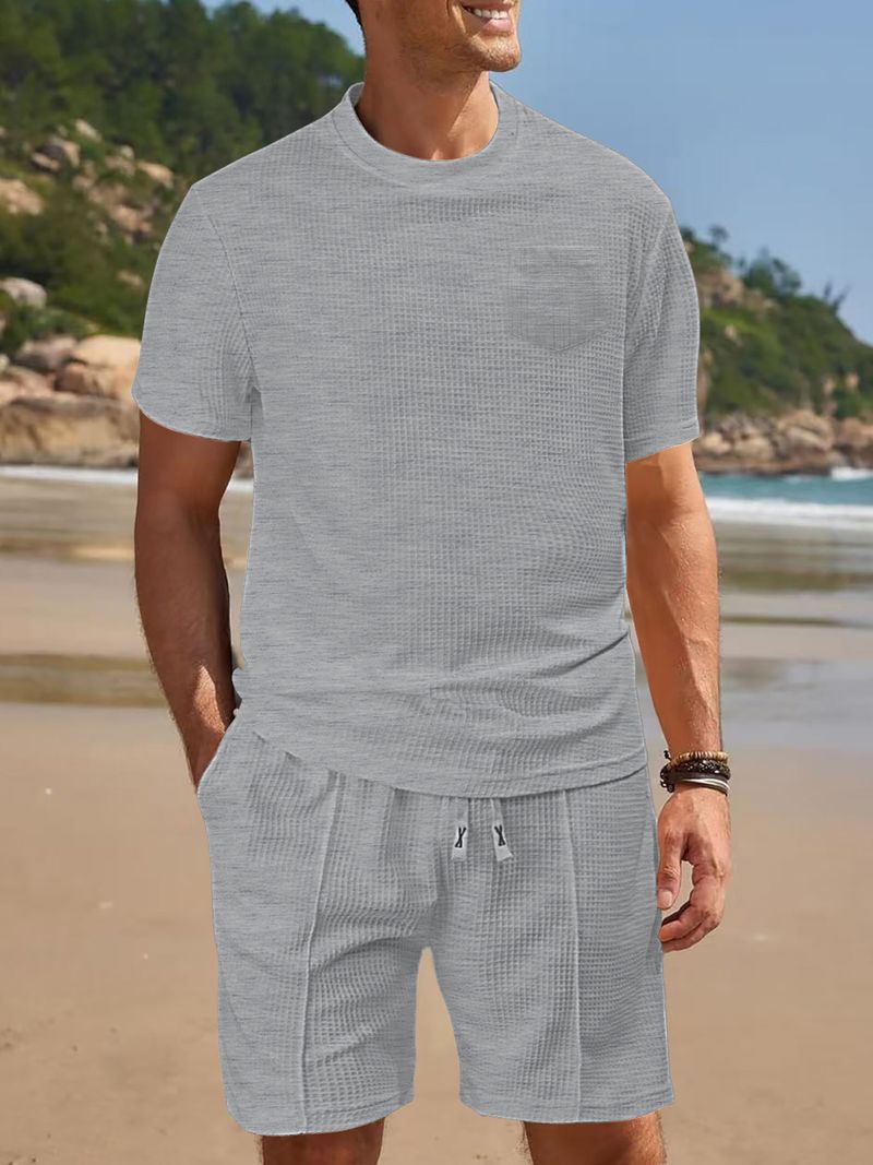 Herrenbekleidung Sommer Sport Freizeit Locker Dünn Waffel Kurzarm Shorts Anzug_voghion.com