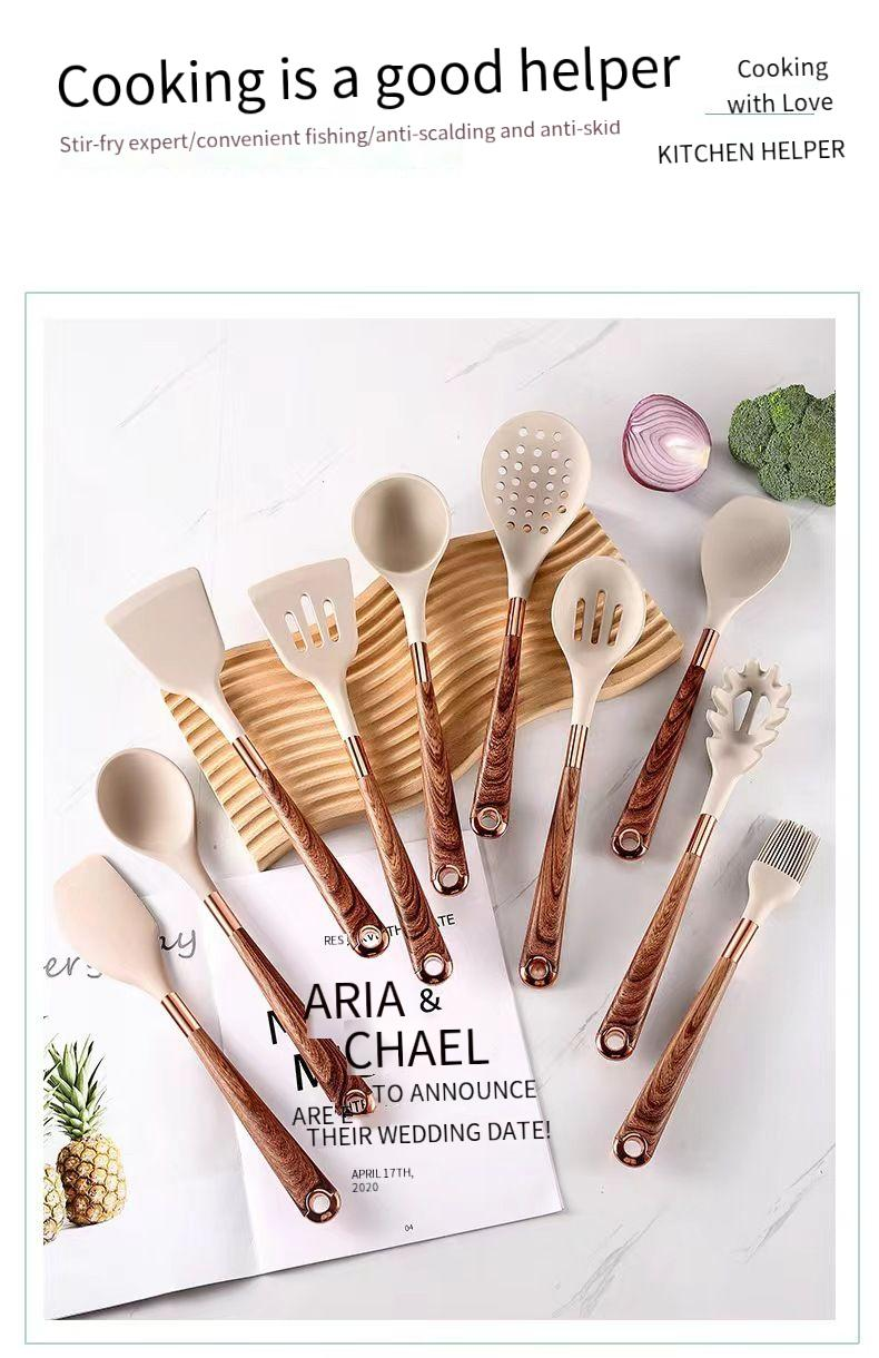 Kochen Silikon Holzmaserung Küchengeschirr 10-teiliges Löffel Küche Antihaft-Pfanne Spachtel Set mit Aufbewahrungseimer_voghion.com