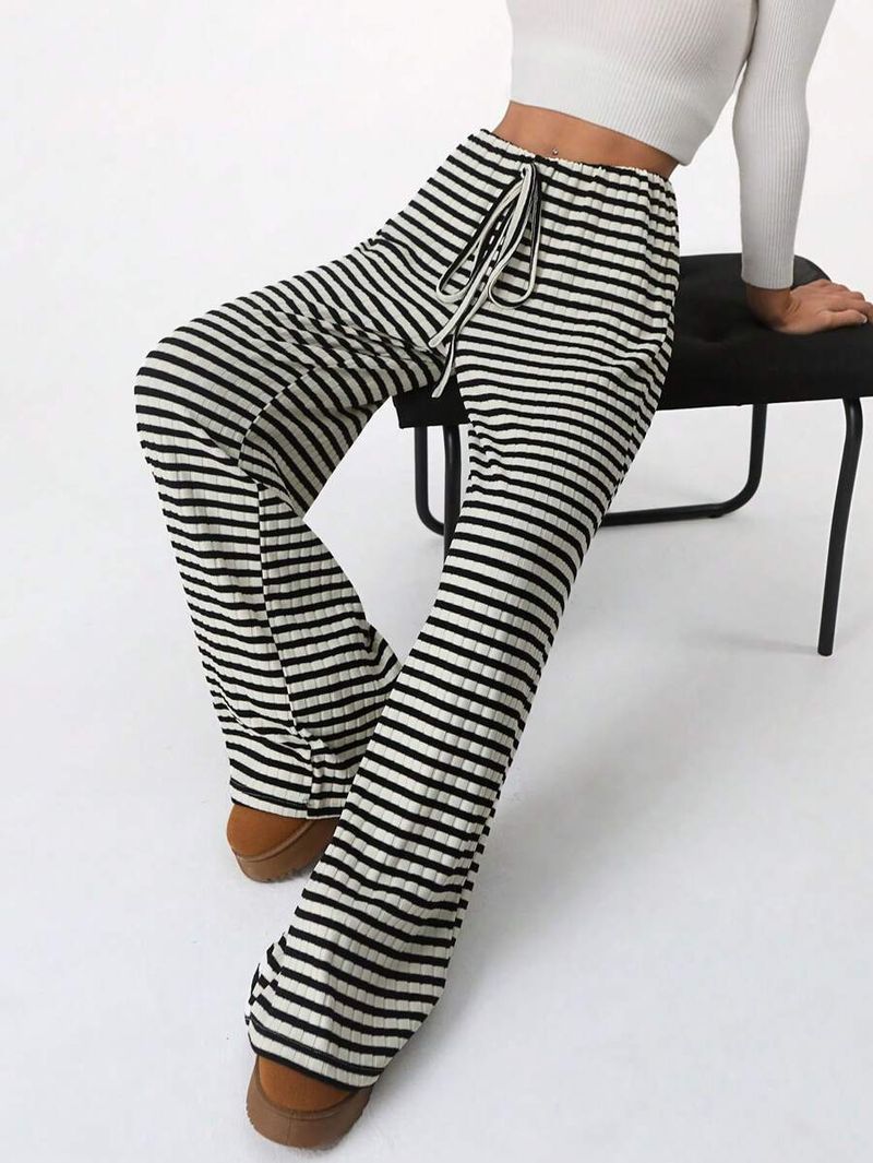 Dameskleding Lente en herfst Dames gestreepte elastische hoge taille gebreide trekkoord casual draperende joggingbroek_voghion.com